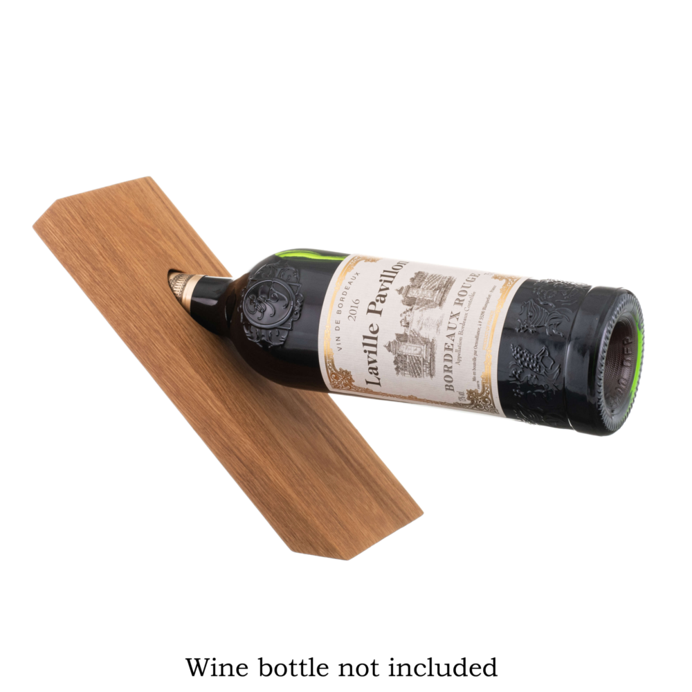 Floating wooden wine stand holding bottle